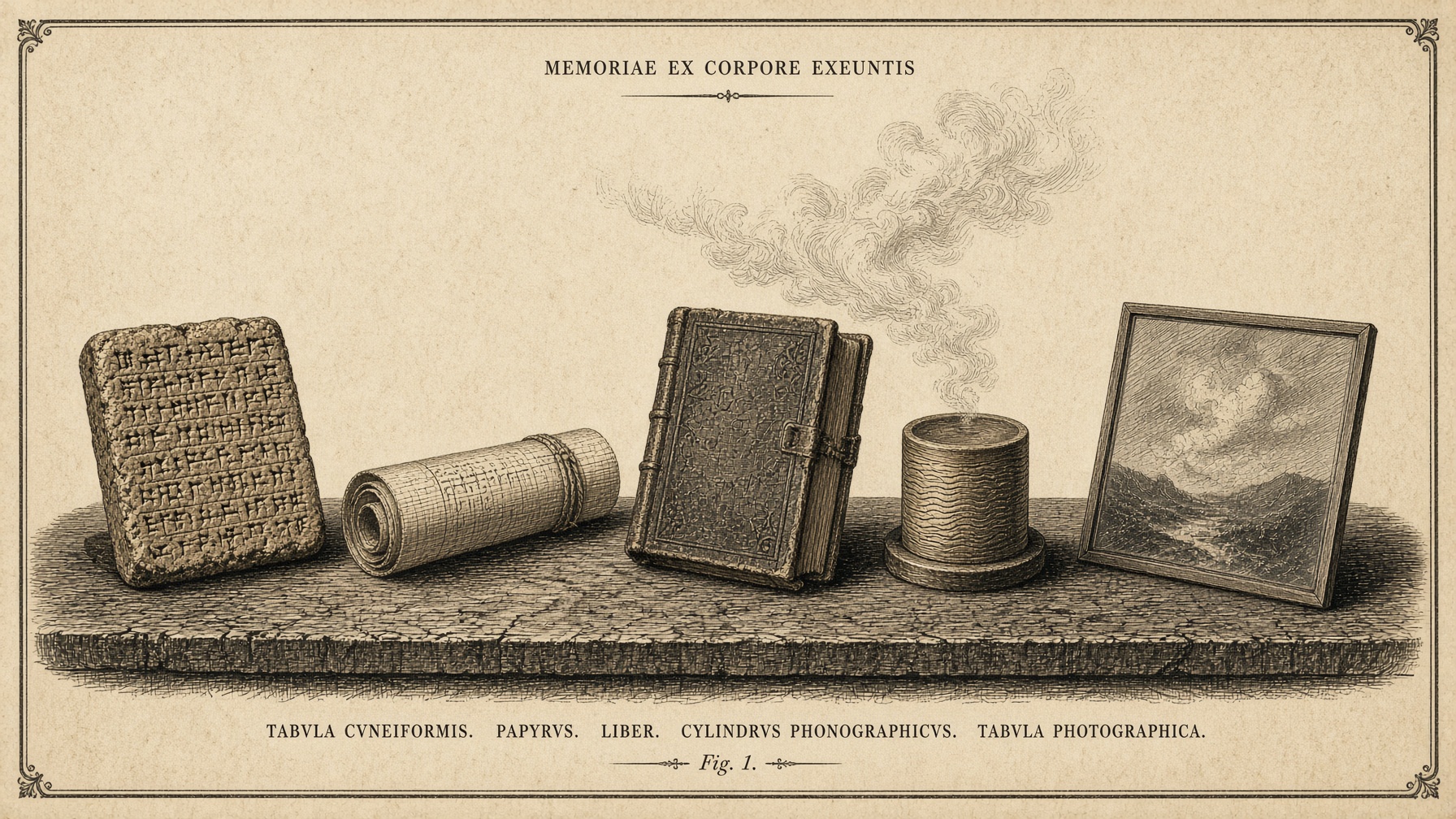 Generated still-life of a clay tablet, papyrus, book, wax cylinder, and photographic plate.
