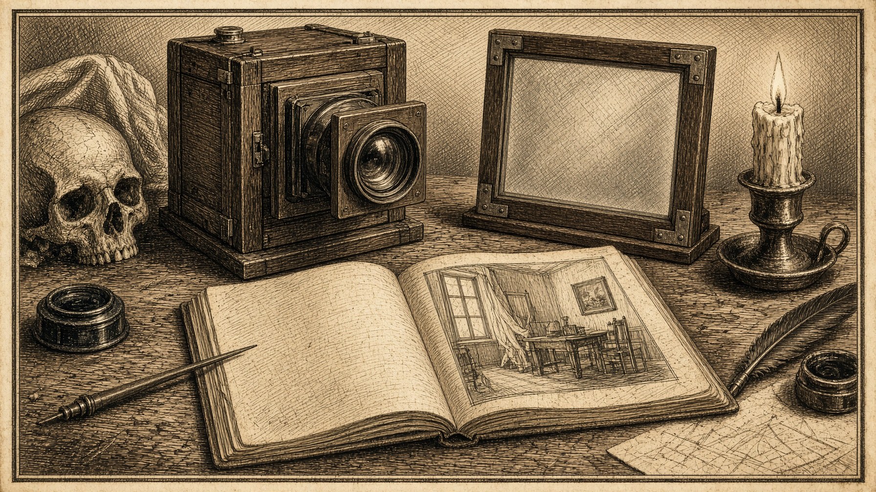 Generated scientific plate: a box camera beside a reconstructive sketch that does not match the room.
