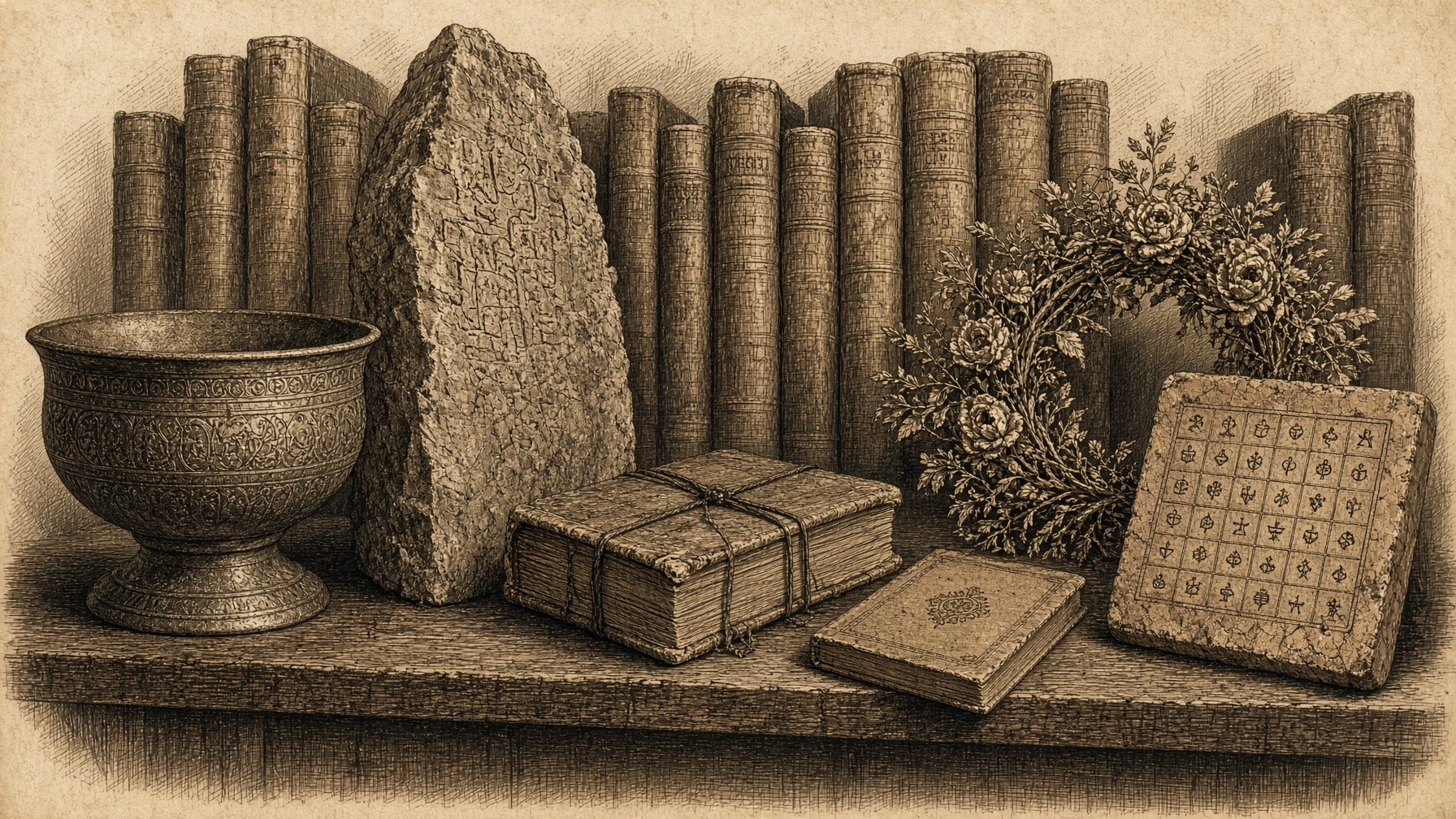 Generated still-life of cultural memory: ritual bowl, stone, chronicle, primer, wreath, calendar.