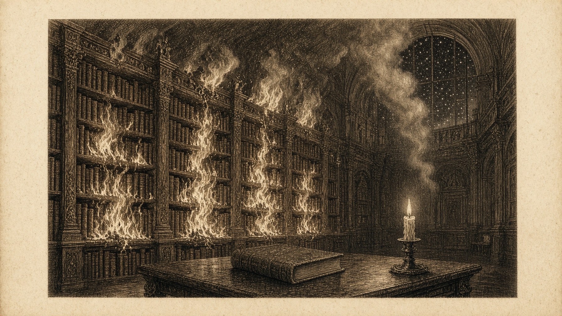 Generated engraving of a private library catching fire at night.