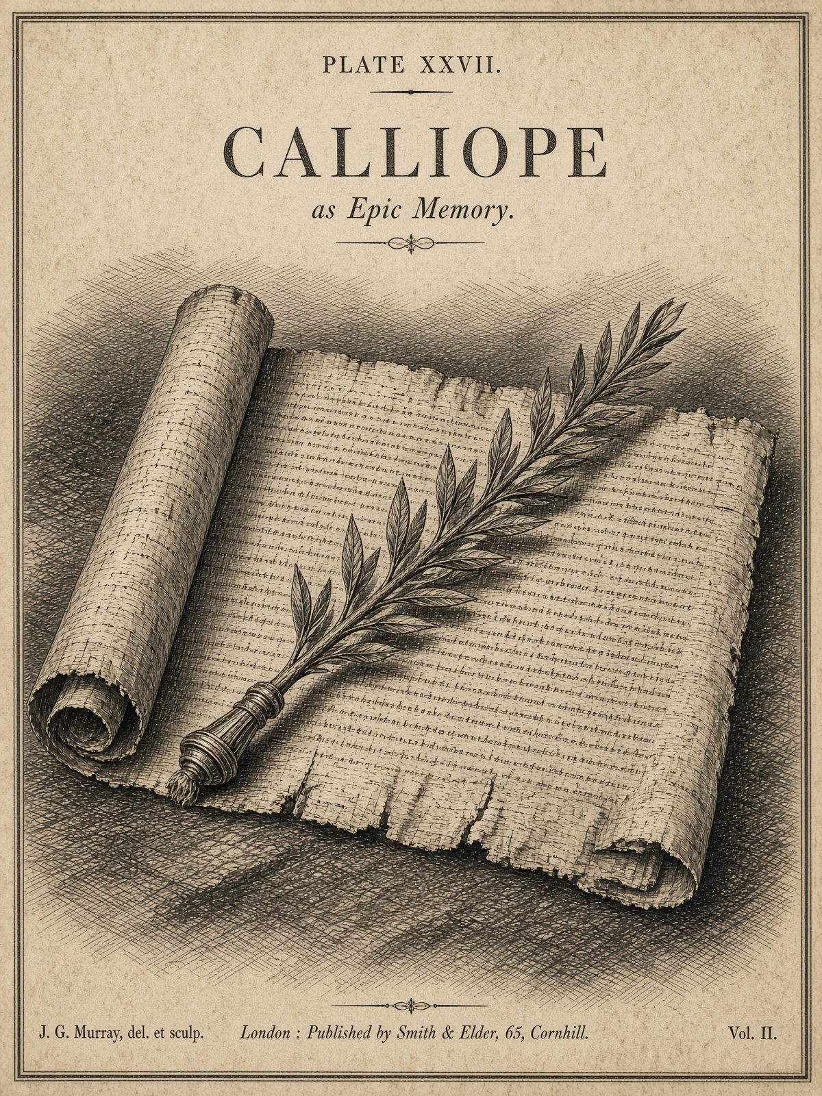 Generated museum plate for Calliope: Unrolled papyrus and laurel staff.