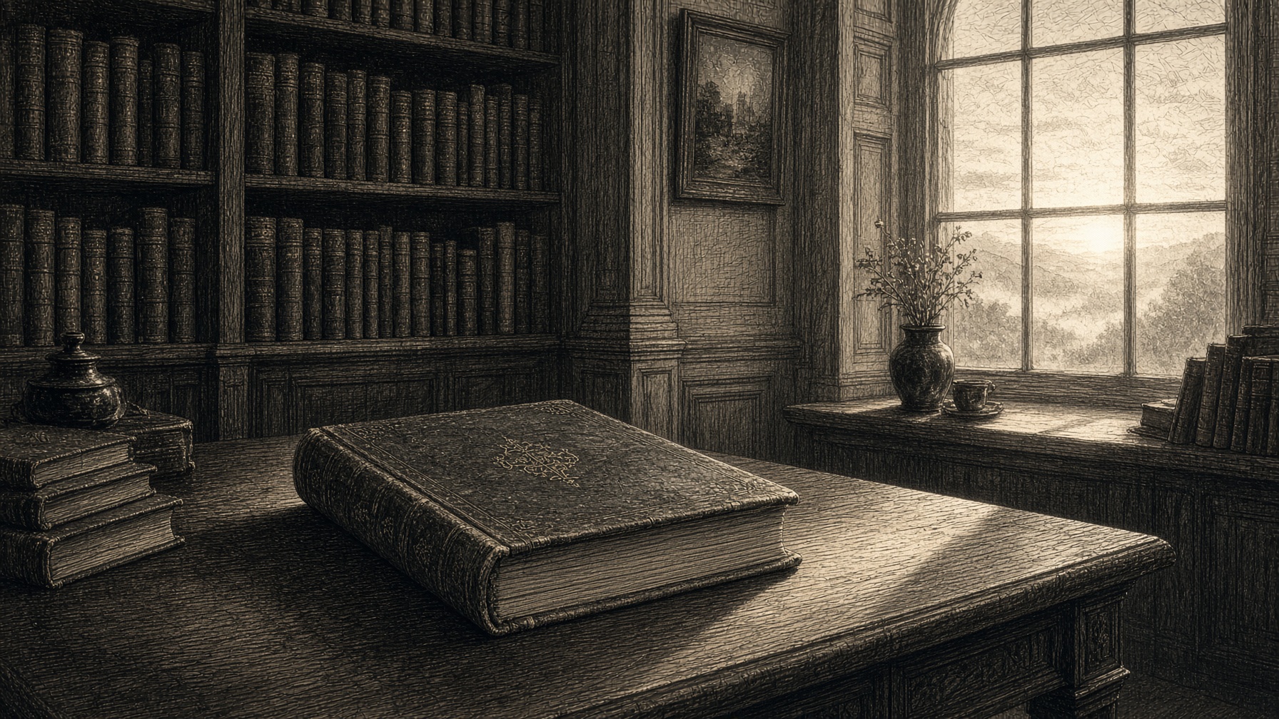 The private library at first light: a closed folio, dawn on the edge of paper.