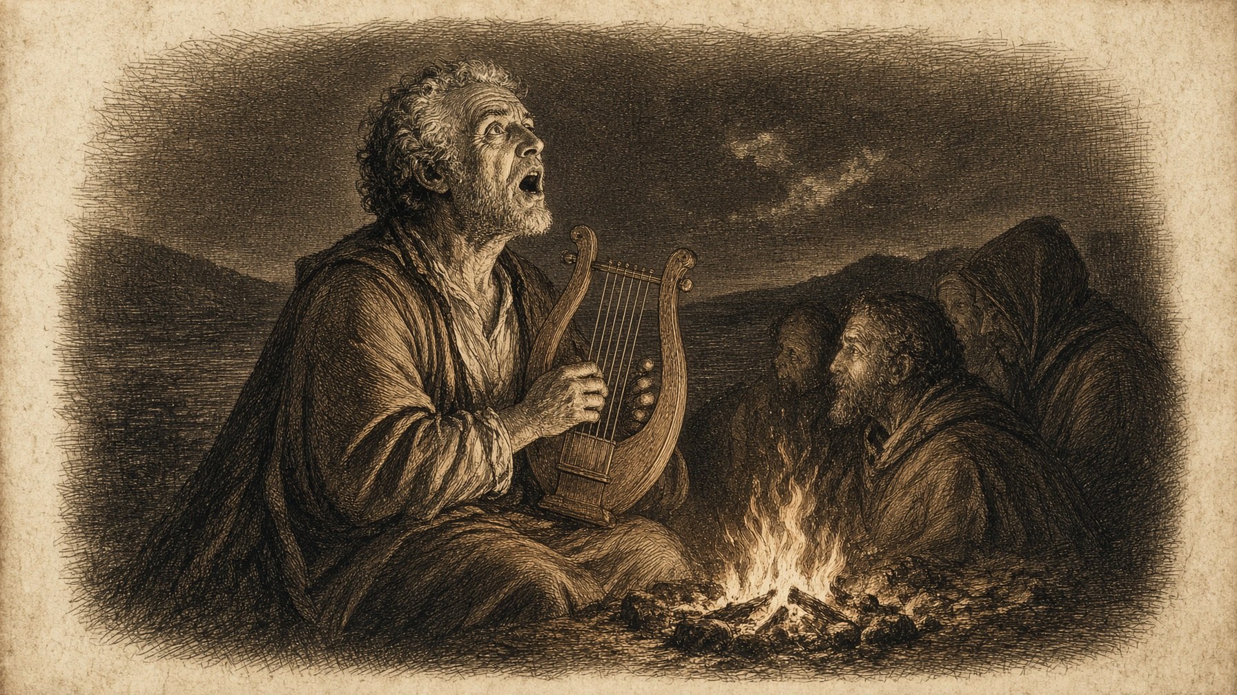 Generated engraving of a singer with a lyre before listeners at a fire, a modern plate for invocation.
