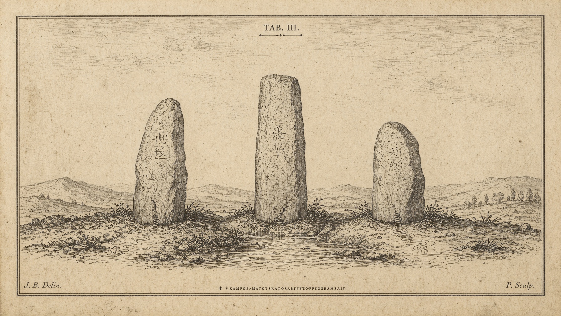 Generated plate of three standing stones, a modern image for a reported Heliconian triad.
