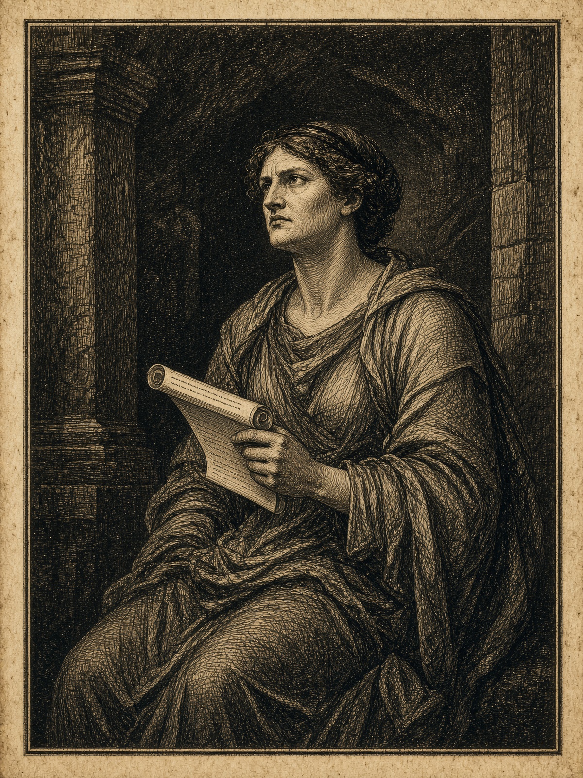 Generated engraving of a seated Titaness holding a scroll, not an identified antique portrait of Mnemosyne.