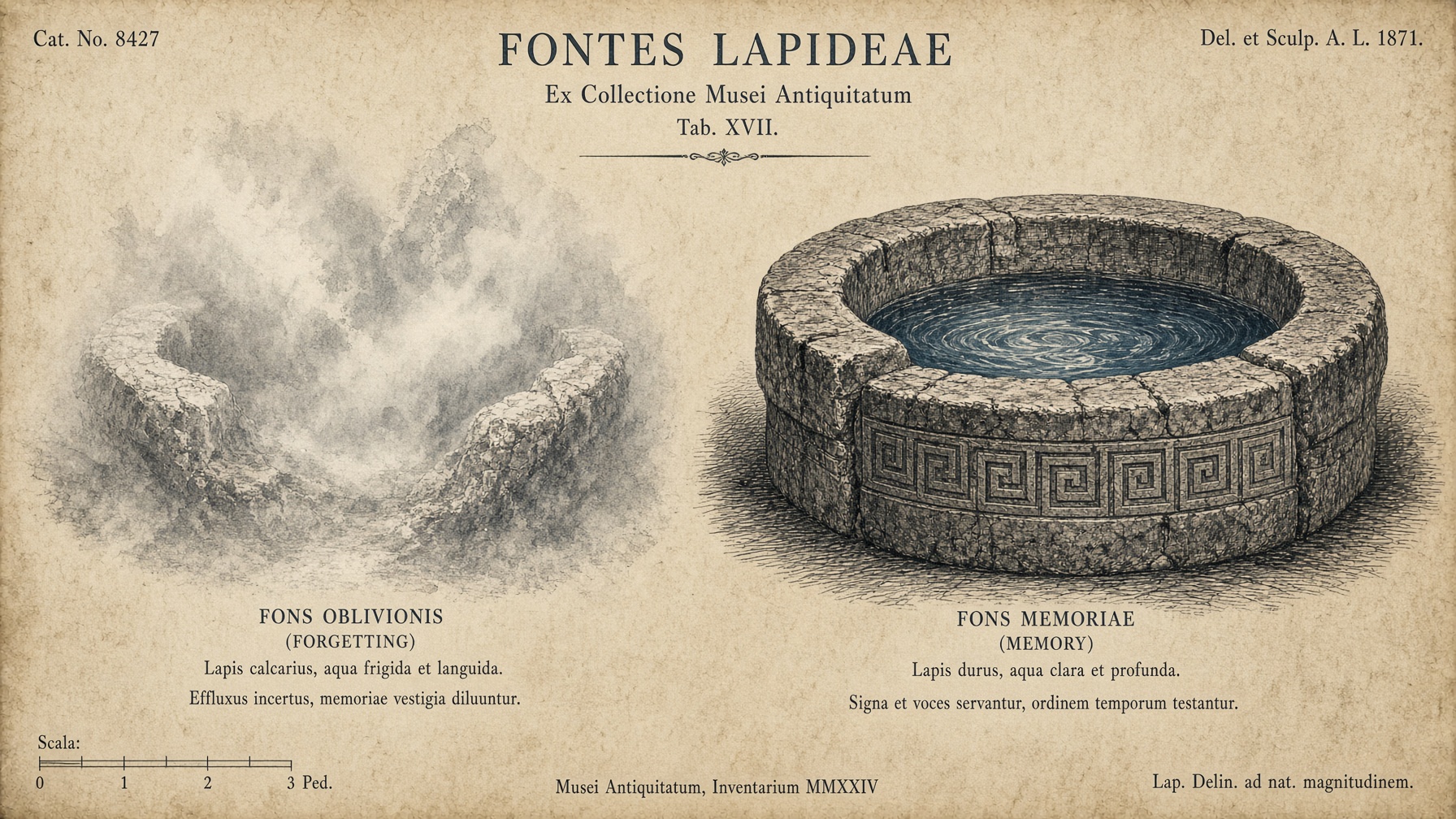 Generated engraving of two stone springs: one misted, one clear.